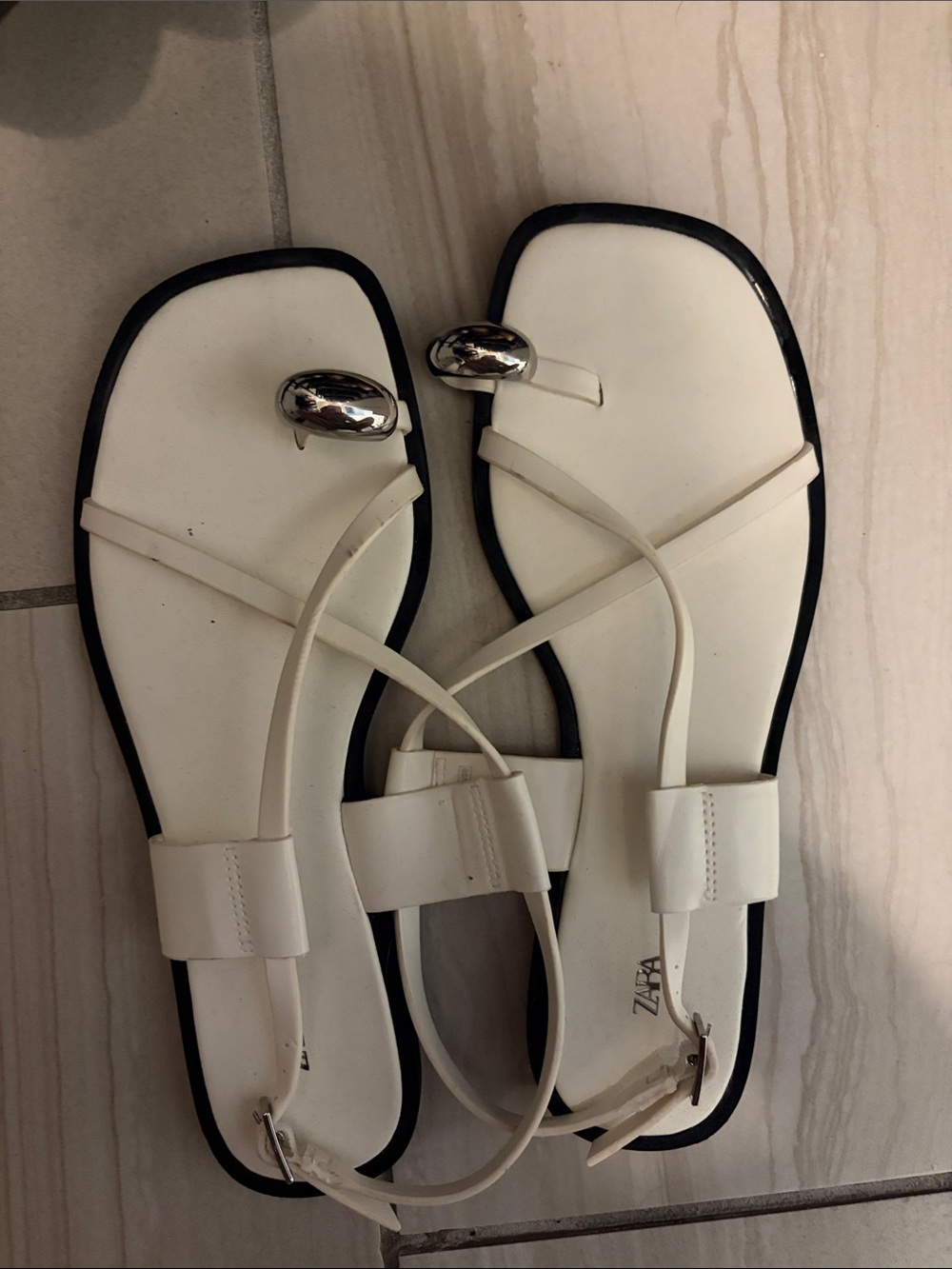Zara Cream Leather Toe-Loop Slingback Sandals with Silver Bead